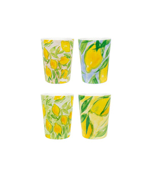 4-pack designmuggar med Citrons de Provence-motiv av Lena Linderholm – visade framifrån med livfullt, målat citronmönster