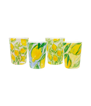 4-pack designmuggar från ICONCUPS med citronmotiv av Lena Linderholm – färgstarka motiv i blått och gult, placerade omlott i en rad.