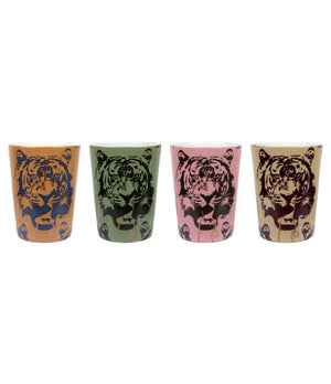 Coco Tiger mug set - front-facing 4-pack showing bold illustrated tigers by Studio Lisa Bengtsson 