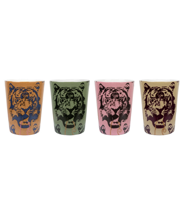 Coco Tiger mug set - front-facing 4-pack showing bold illustrated tigers by Studio Lisa Bengtsson 