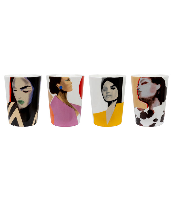 Front view of Sisters mug set - 4-pack featuring colorful watercolor portraits by Stina Persson