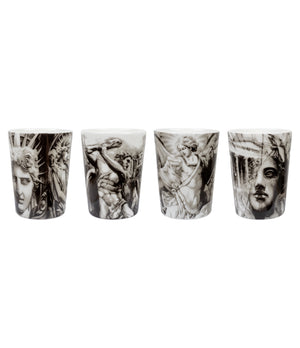 Front view of The Eternal Struggle mug set - 4-pack with black and grey tattoo-style illustrations by Andreas Ishak