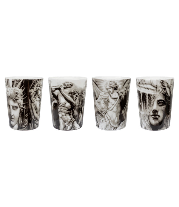 Front view of The Eternal Struggle mug set - 4-pack with black and grey tattoo-style illustrations by Andreas Ishak