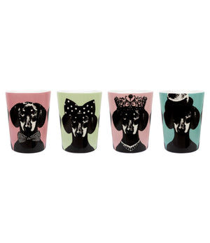 Set of 4 Together mugs by Studio Lisa Bengtsson - front view showing dogs with hats, crowns and accessories against colorful backgrounds