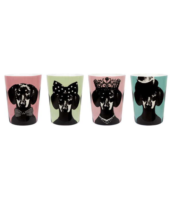 Set of 4 Together mugs by Studio Lisa Bengtsson - front view showing dogs with hats, crowns and accessories against colorful backgrounds