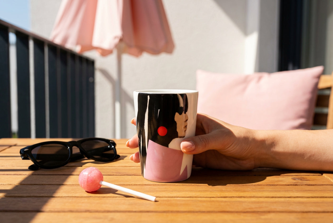 Designmugg från ICONCUPS med motiv av Stina Persson som hålls i handen på en solig balkong i svensk sommar
