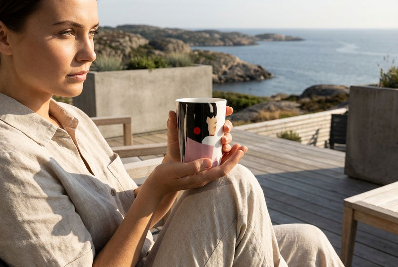 Kvinna som sitter på en altan vid svensk kust och håller en designmugg från ICONCUPS med motiv av Stina Persson